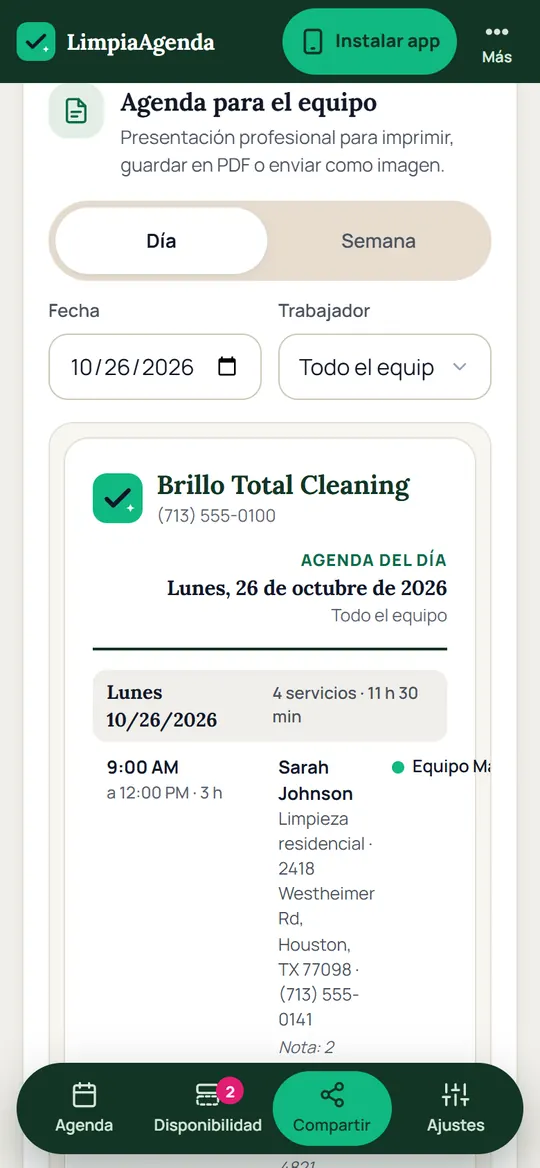 Agenda del día para el equipo, para enviar en PDF, imagen o WhatsApp