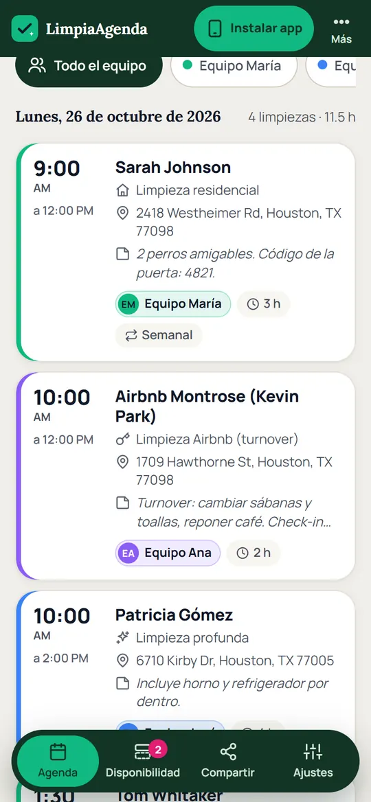 Agenda del día: cada limpieza con su equipo responsable