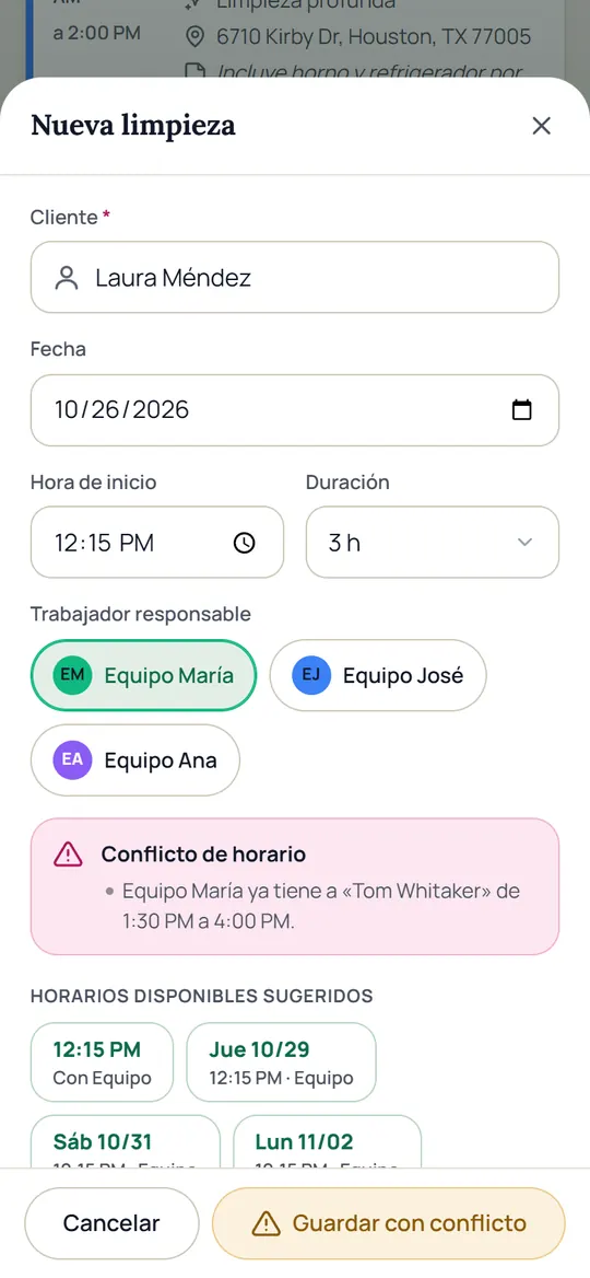 Nueva limpieza con aviso de conflicto de horario y horarios disponibles sugeridos