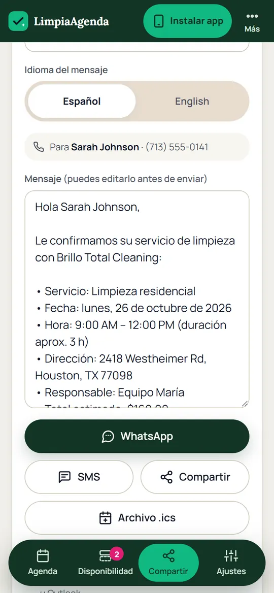 Confirmación para el cliente lista para enviar por WhatsApp o SMS