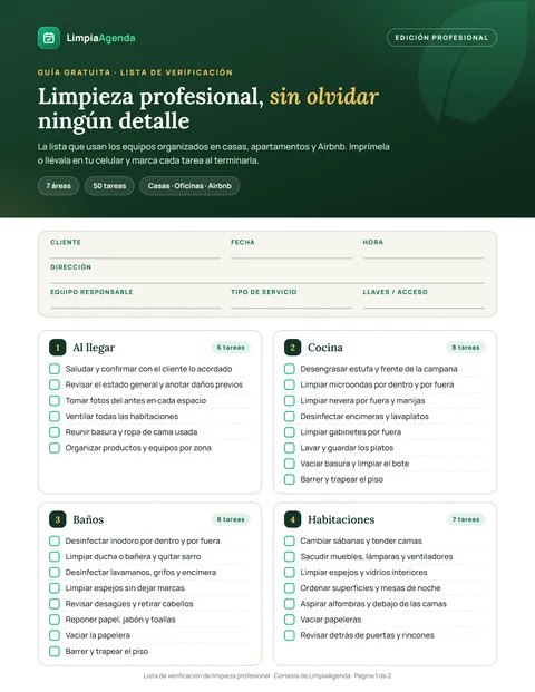 Portada de la lista de verificación de limpieza profesional de LimpiaAgenda